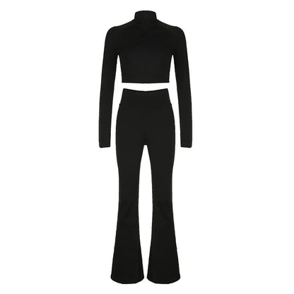 Zipper Short Cardigan Sheath High Waist Flared Pants Pure Black Sports Suit Autumn