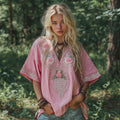 Women's Pink Rose Celtic Knot Art V Neck Linen Comfy T-shirt elevenforest