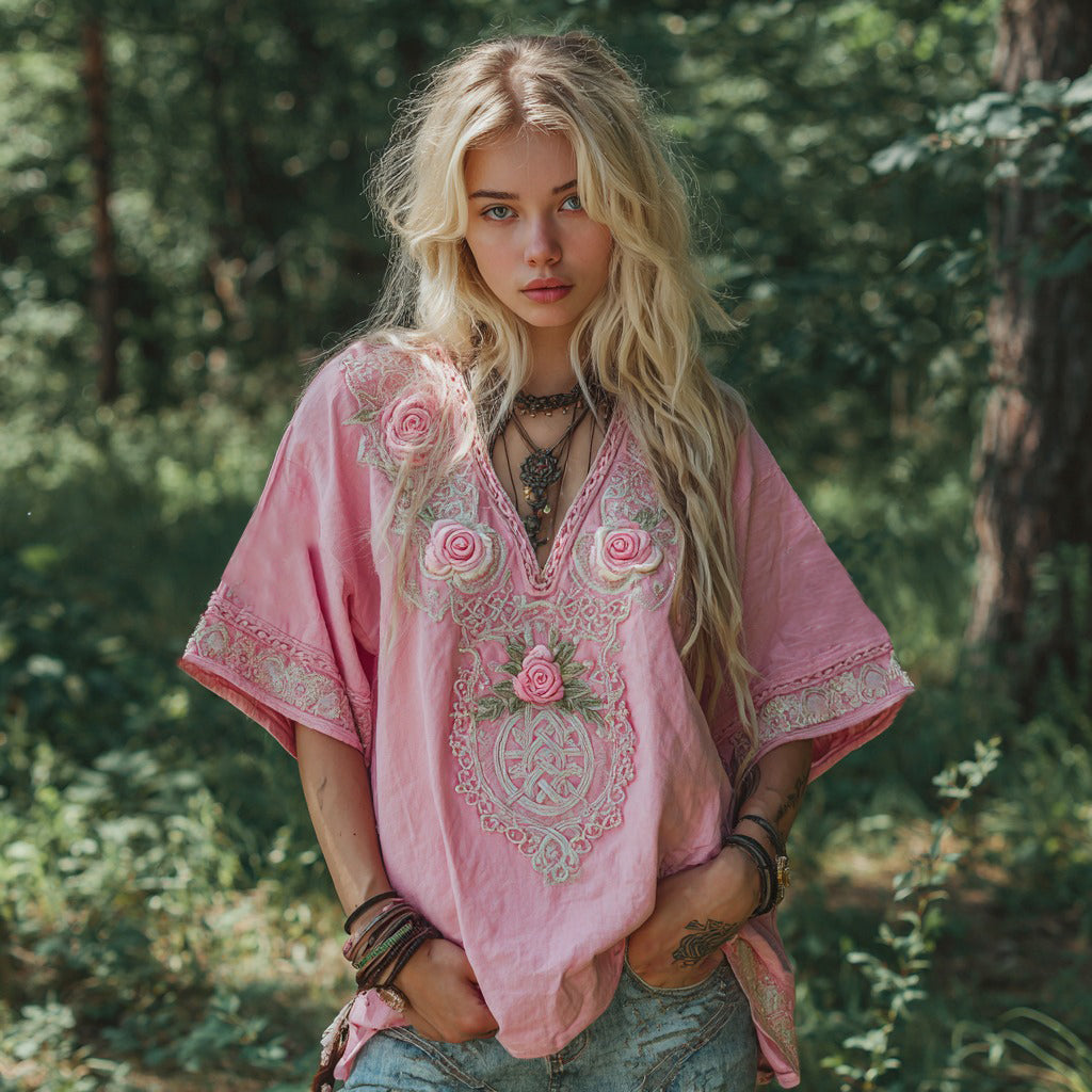 Women's Pink Rose Celtic Knot Art V Neck Linen Comfy T-shirt elevenforest