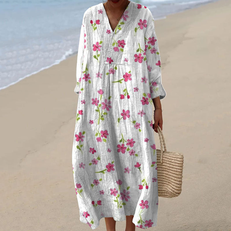 Vintage Floral Art Cotton Linen Comfy Maxi Dress elevenforest