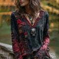 Vintage Rose Skull Hot Diamond Contrast Color V-neck T-shirt elevenforest