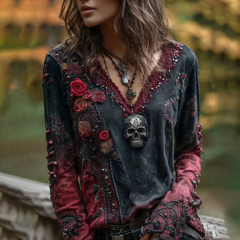 Vintage Rose Skull Hot Diamond Contrast Color V-neck T-shirt elevenforest