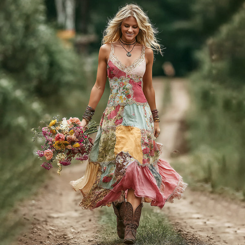 Women's Vintage Boho Rose Floral Art Patchwork Comfy Maxi Dress elevenforest