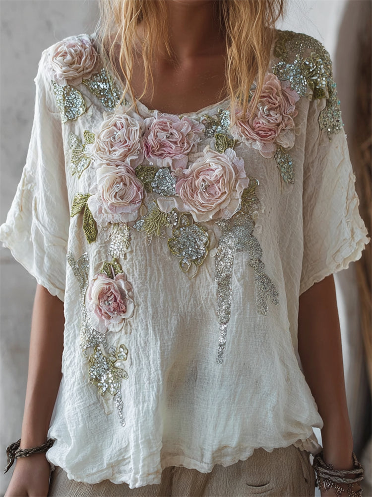 Boho Pink Roses Glitter Fiber Art Flowy Linen Tunic elevenforest