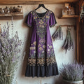 Bohemian Lavender Embroidery Patchwork Art Linen Round Neck Midi Dress elevenforest