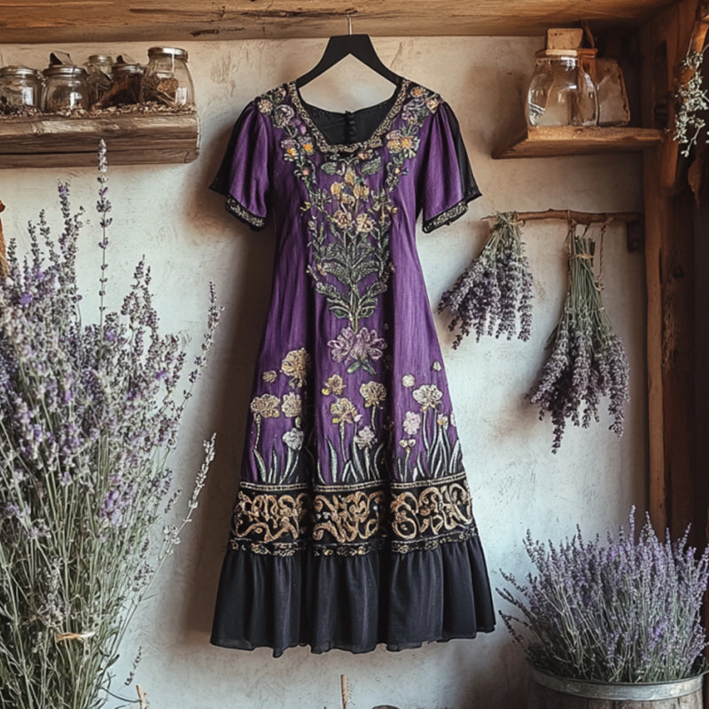 Bohemian Lavender Embroidery Patchwork Art Linen Round Neck Midi Dress elevenforest