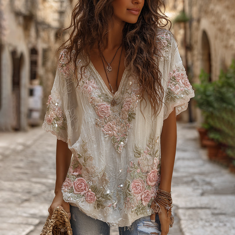Women's Retro Boho Pink Floral Embroidered Art V-neck T-shirt elevenforest