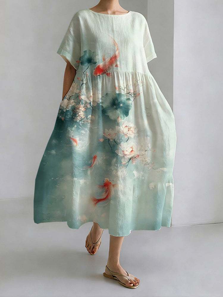 Japanese Style Pond Moonlight Round Neck Leisure Dress elevenforest