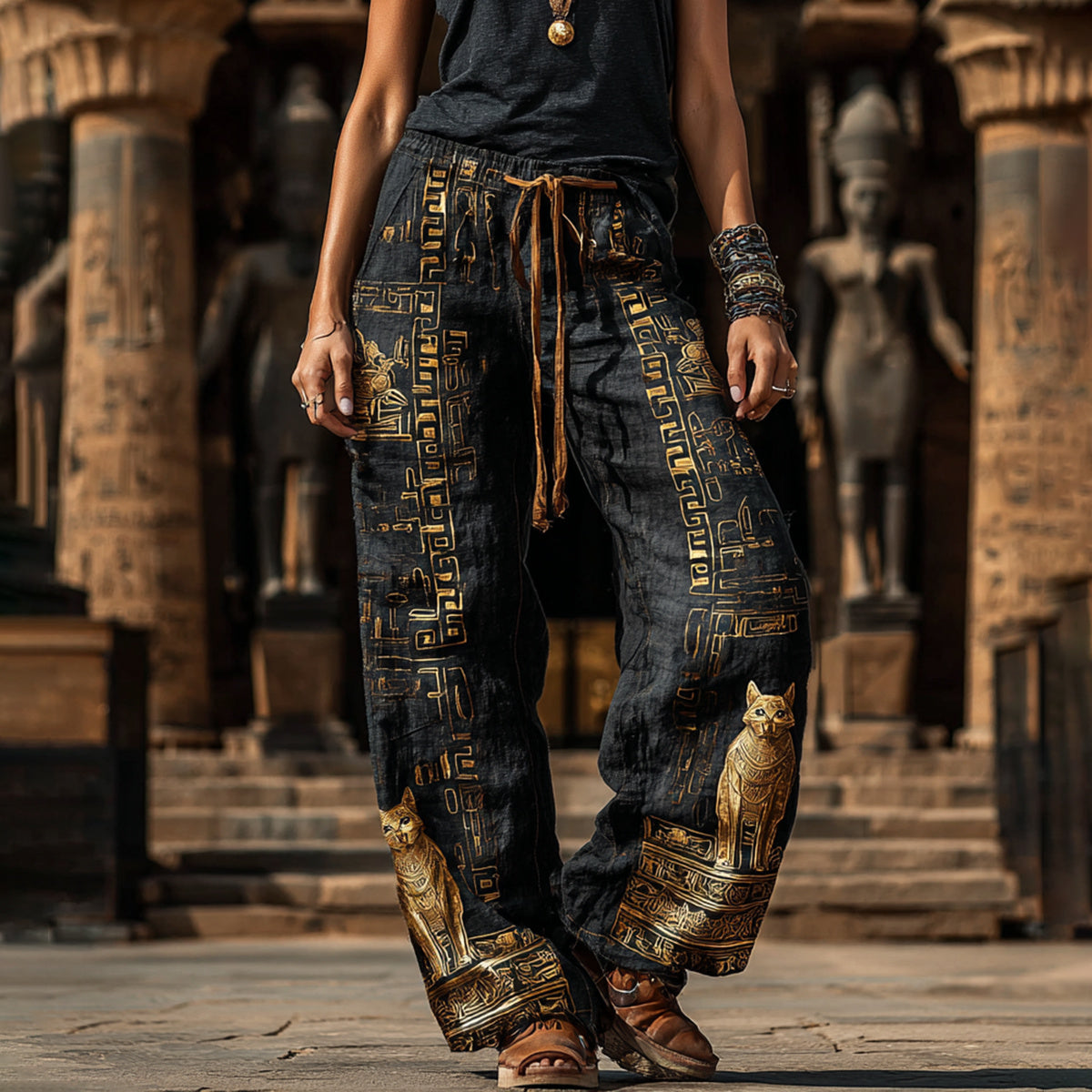 Women's Vintage Ancient Egyptian Cat Art Linen Blend Pants elevenforest
