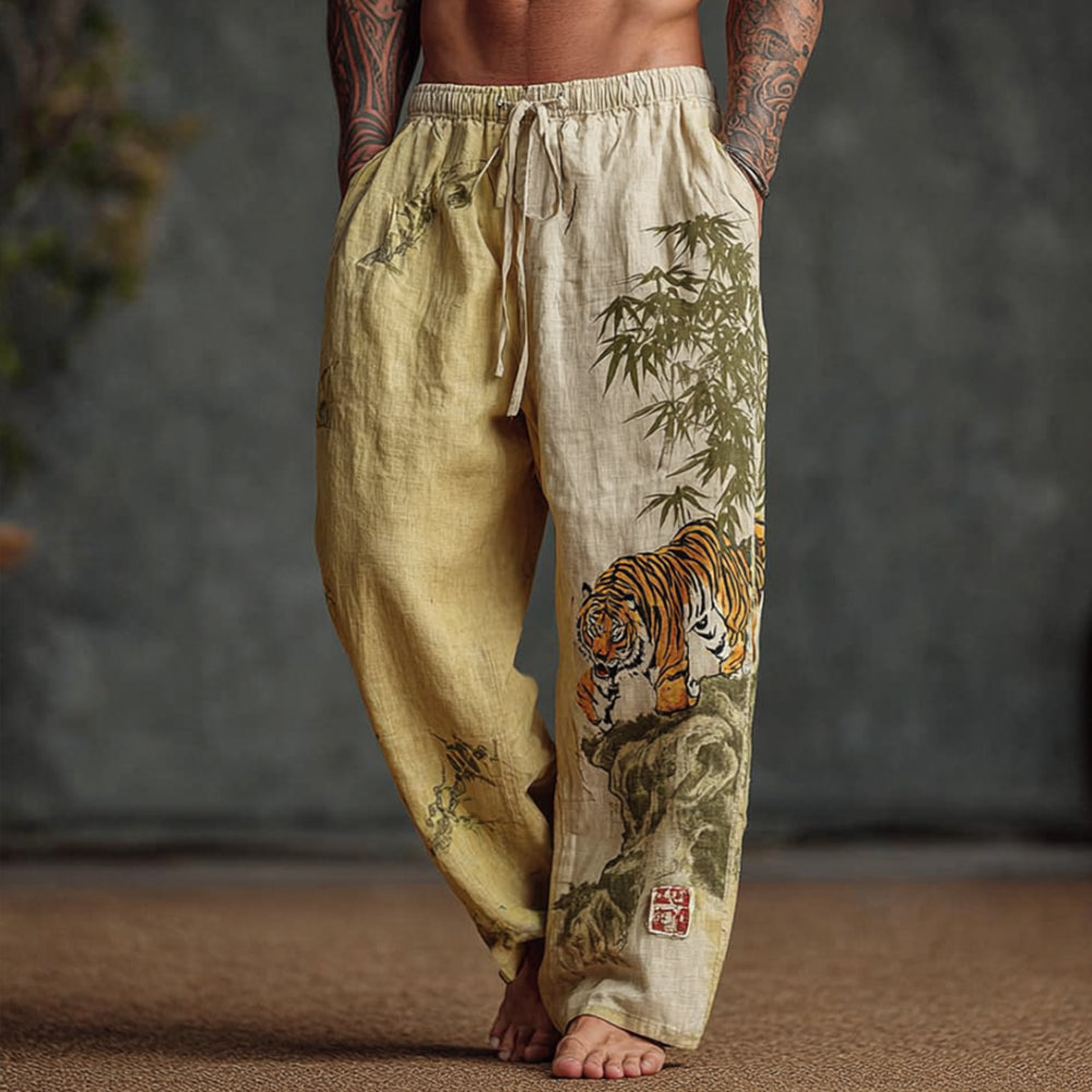 Men's Japanese Style Tiger And Bamboo Forest Retro Tie-dye Linen Trousers elevenforest