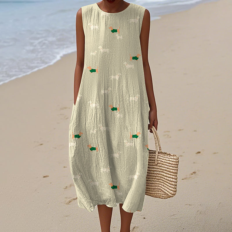 Comstylish Retro Cute Dachshund Dog Art Linen Tank Midi Dress