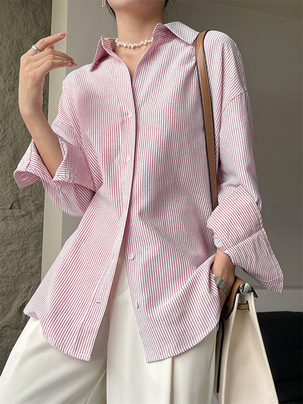 Urban Loose Striped Lapel Collar Blouses&shirts Tops