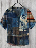 Vintage Patchwork Fabric Art Men's Linen V-neck Shirt elevenforest