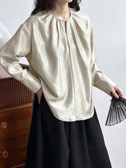 Long Sleeves Loose Hollow Shiny Color Round-neck Blouses&shirts Tops