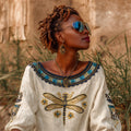 Vintage Dragonfly Art Women's Linen Round Neck Loose Top elevenforest