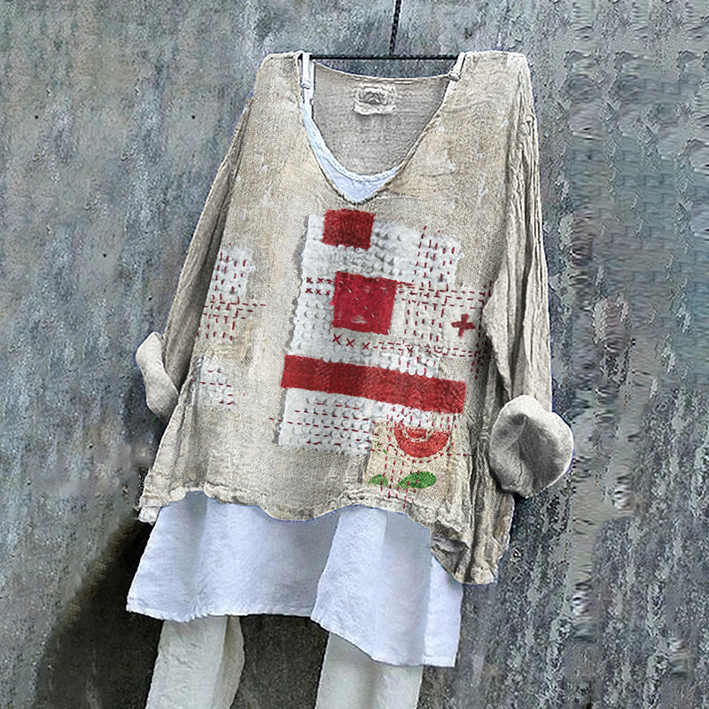 Vintage Patchwork Faith Art Linen Blend Blouse elevenforest
