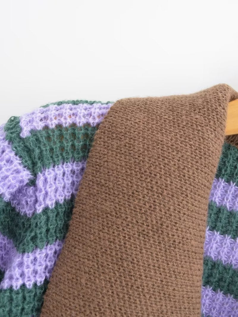 Stripe Contrast Color Lapels Knitted Cardigan – ’s Loose Short Top
