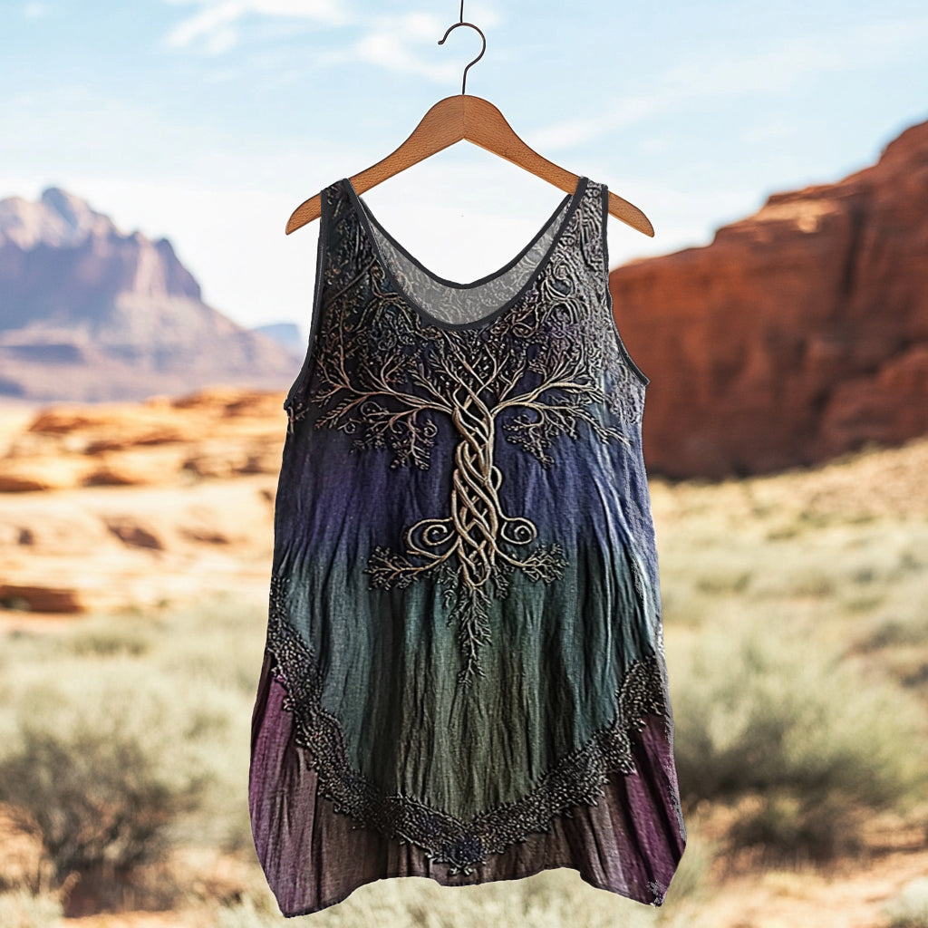 Women's Vintage Viking Tree Of Life Gradient Art Linen Tank Top elevenforest
