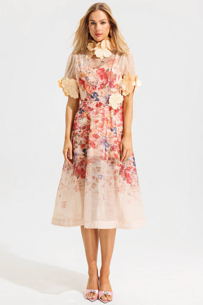 Round Neck Lace Up Short Sleeve Midi Dress