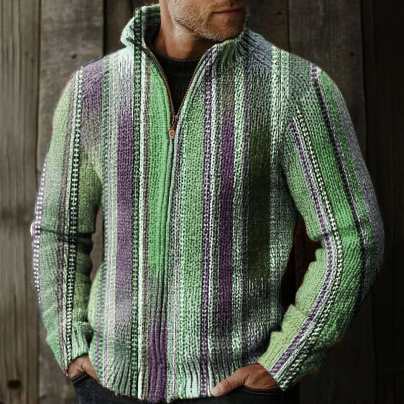 Men's Retro Colorful Striped Pattern Knitted Zip Sweater artswardrobe