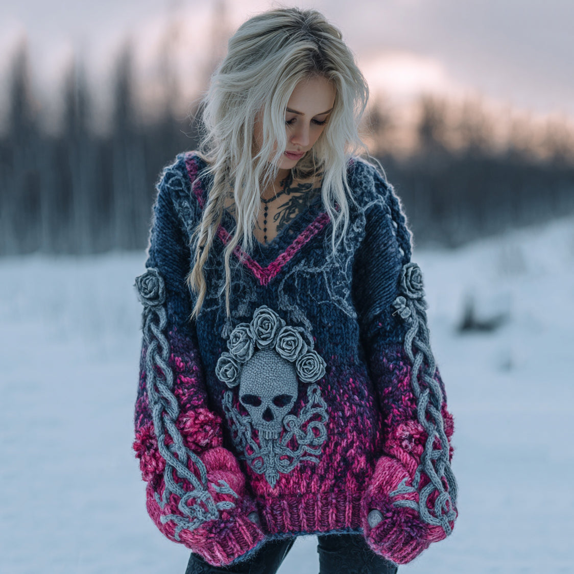Women's Retro Celtic Knot Skull Gradient V-neck Sweater artswardrobe