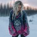 Women's Retro Celtic Knot Skull Gradient V-neck Sweater elevenforest
