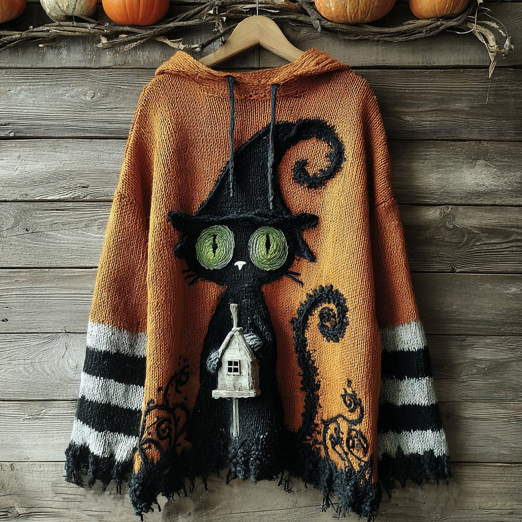 Women's Halloween Black Cat Striped Knitted Hooded Sweater elevenforest