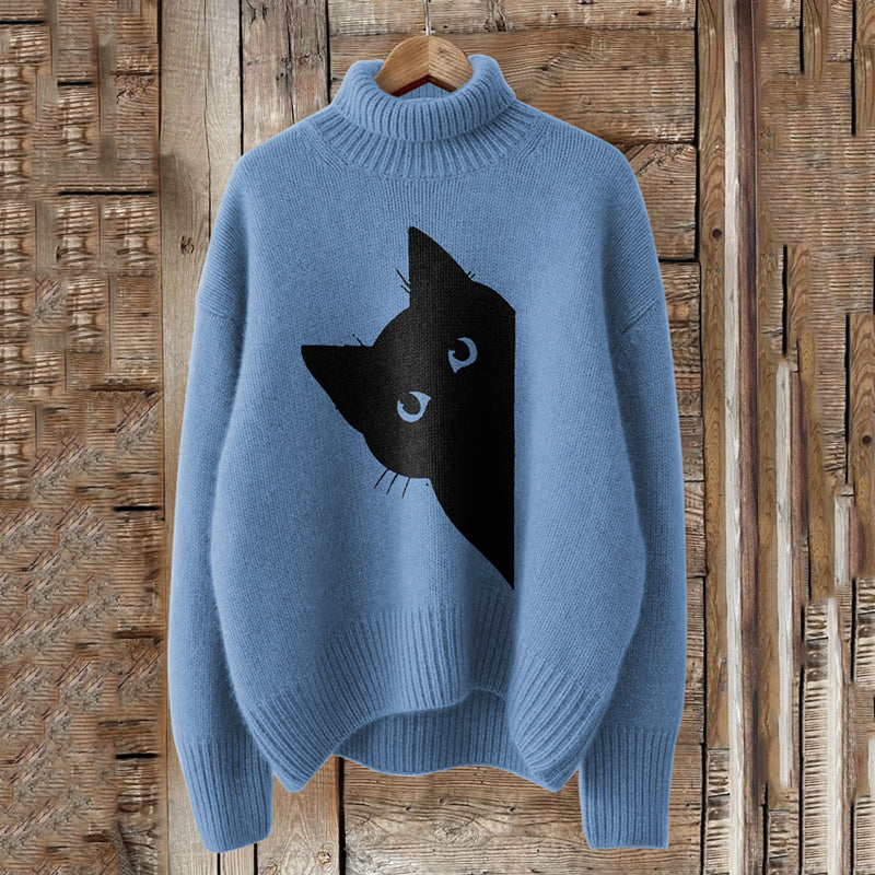 Comstylish Vintage Peek-A-Boo Hiding Black Cat Pattern Print Turtleneck Knitted Cozy Pullover Sweater