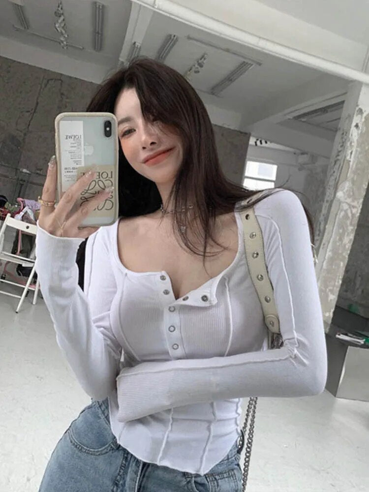 Black White T Shirt Cotton Button Elasticity Slim Long Sleeve Fall Tops Korean Style T-shirt Clothing