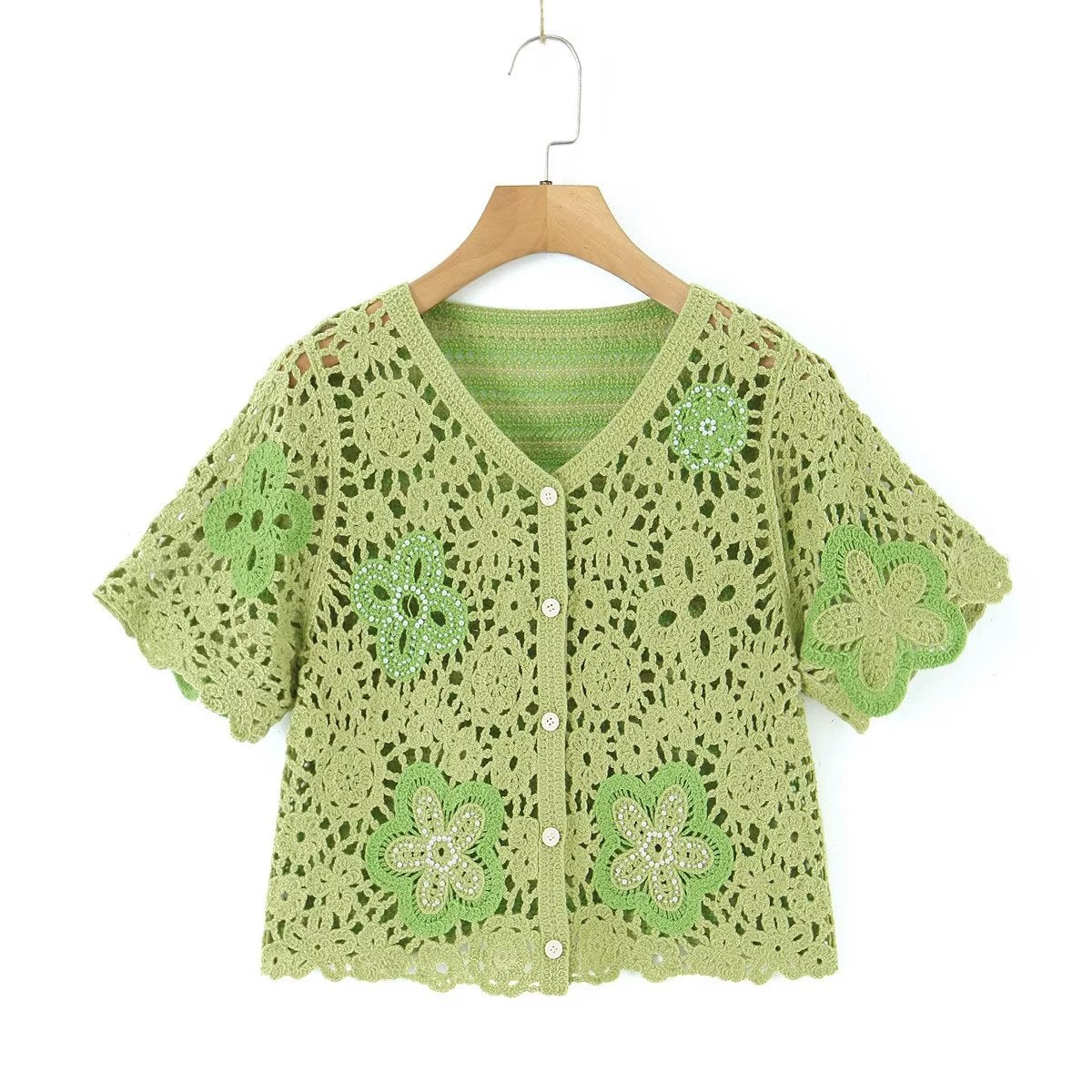 Spring Clothing V Neck Beaded Crocheted Short Sleeved Sweater Cardigan