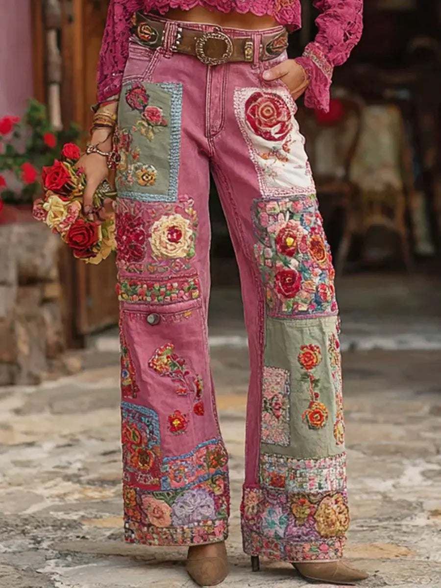 Women's Vintage Floral Pattern Art Print Casual Cotton Denim Pants