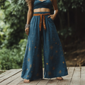Linen Track Pants With Moon And Star Embroidery elevenforest
