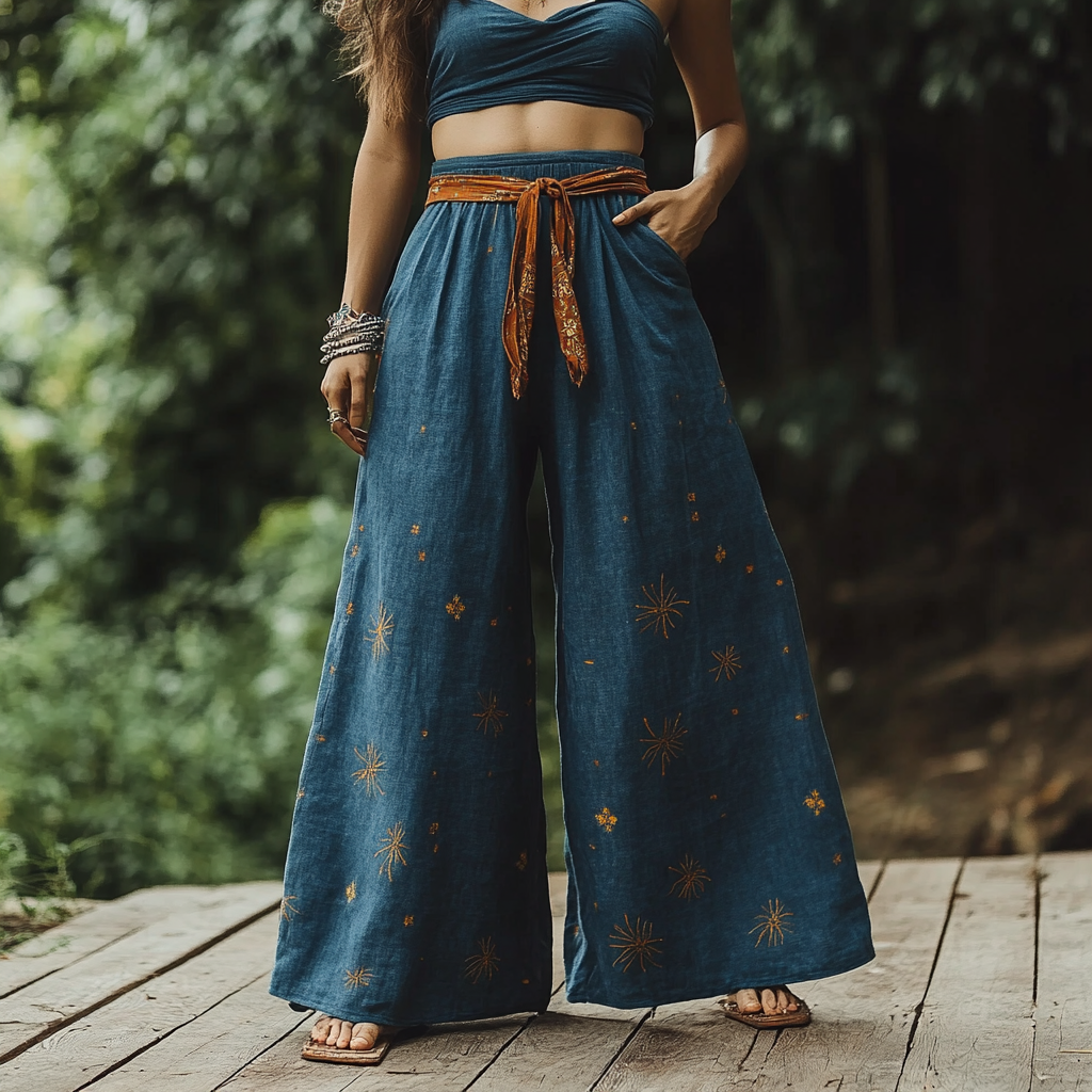 Linen Track Pants With Moon And Star Embroidery elevenforest