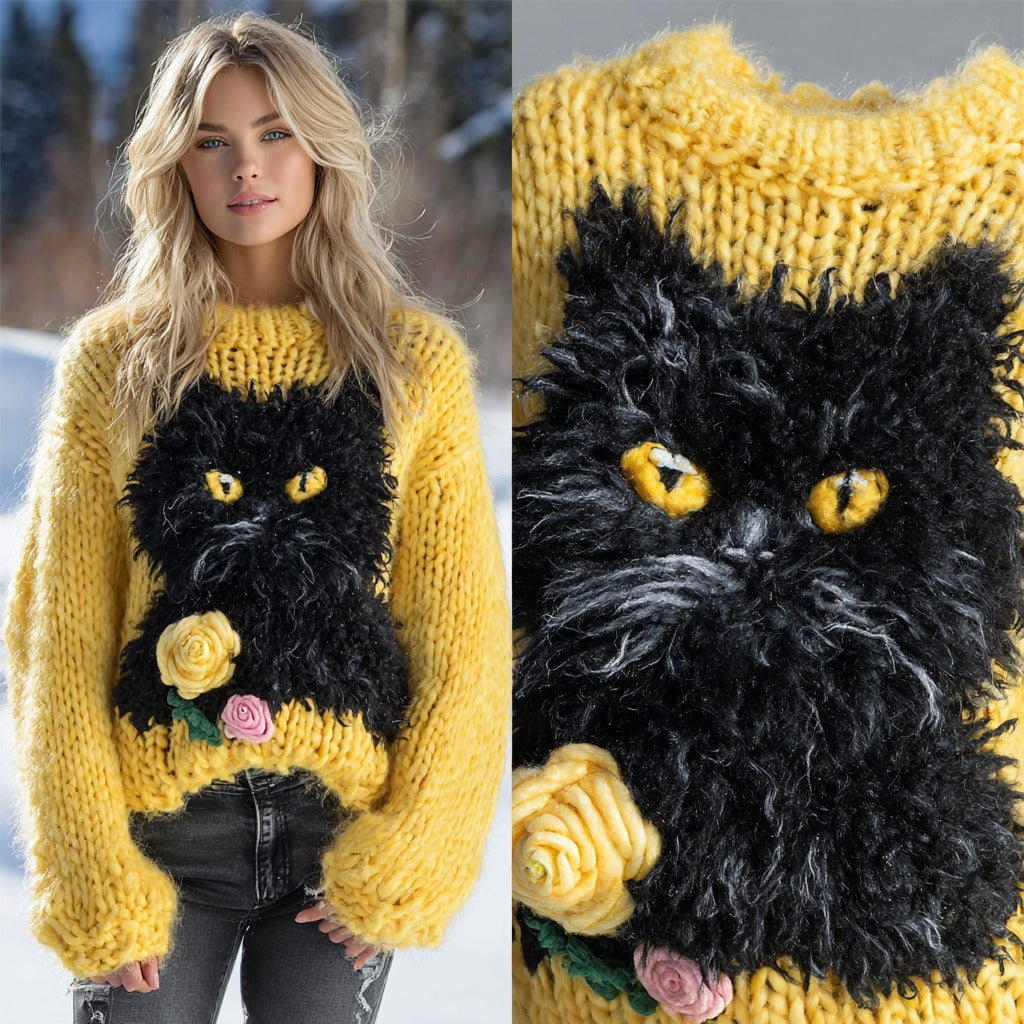 Comstylish Women's National Black Cat Day Cute Black Cat Art Knitted Warm Sweater