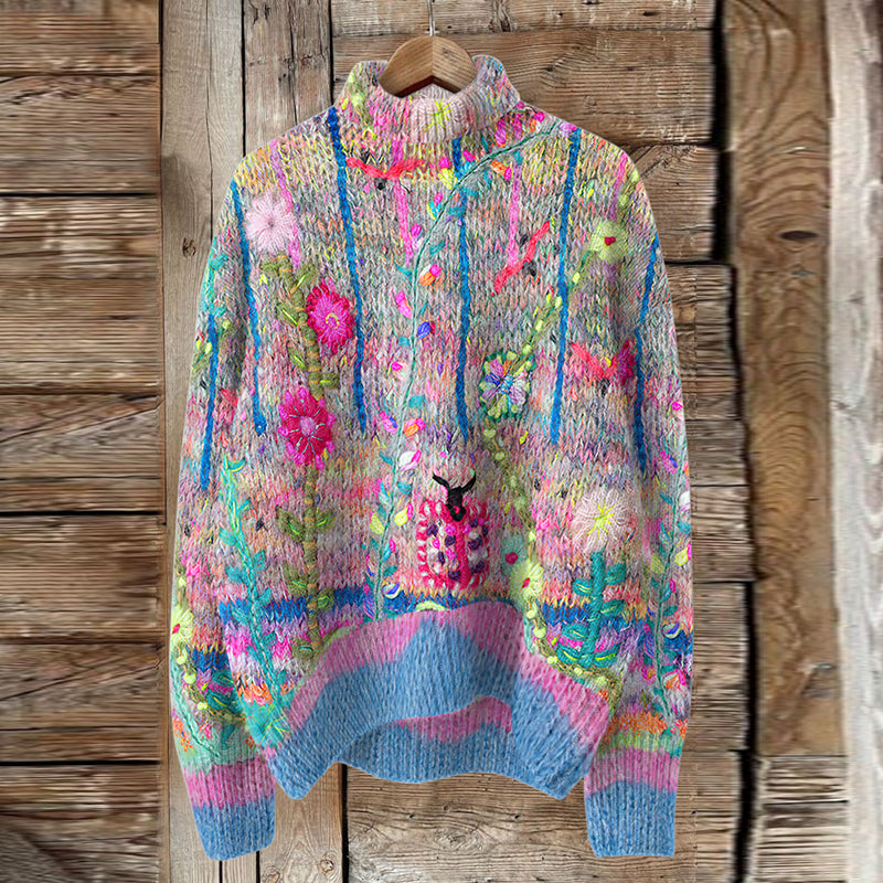 Vintage Floral Print Turtleneck Knitted Cozy Pullover Sweater elevenforest