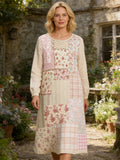 Rustic Floral Patchwork Art Women's Linen Long Sleeve Midi Dress elevenforest