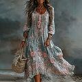 Women's Vintage Floral Art Flowy Linen Blend Casual Long Sleeve Maxi Dress elevenforest