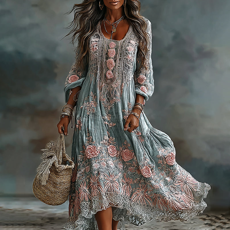 Women's Vintage Floral Art Flowy Linen Blend Casual Long Sleeve Maxi Dress elevenforest