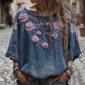 Women's Vintage Floral Blue Tie-dye Top elevenforest