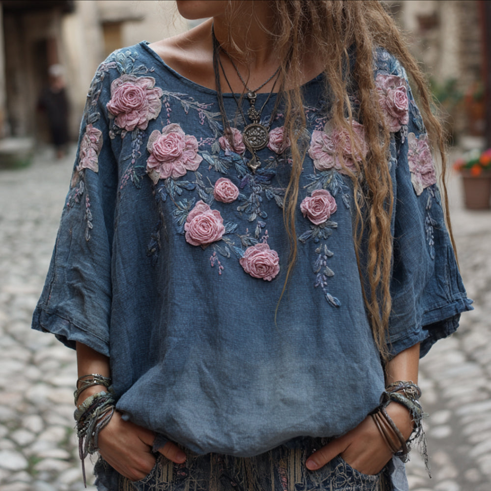 Women's Vintage Floral Blue Tie-dye Top elevenforest