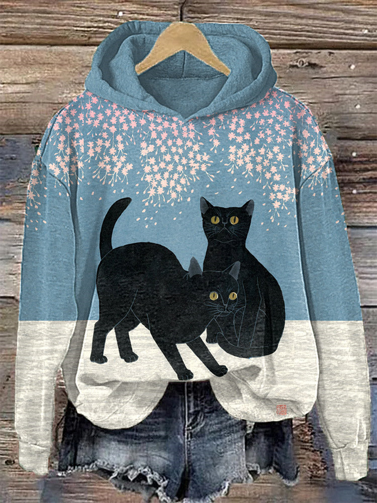 Cat and Cherry Blossoms Japanese Art Painting Print Hoodie elevenforest