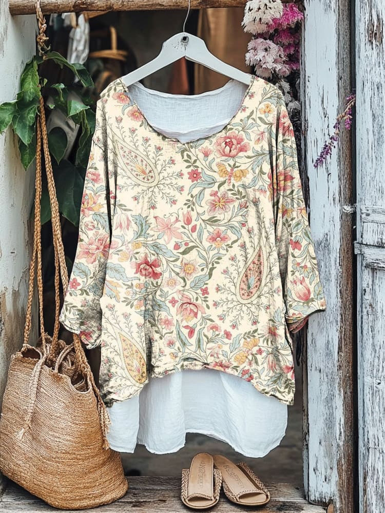 Retro Bohemian Plant Floral V-neck Cotton Linen Blouse elevenforest