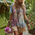 Classy Vintage Floral Splicing Cotton And Linen Short Sleeve T-shirt elevenforest