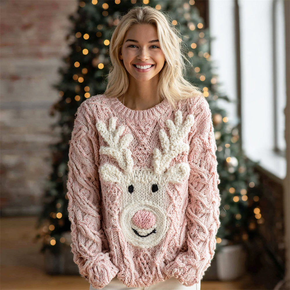 Comstylish Christmas Cute Moose Face Knit Art Women's Crew Neck Sweater