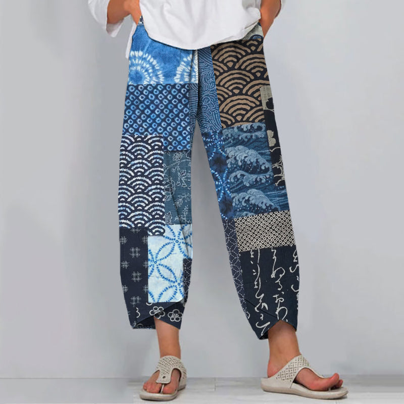 Vintage Japanese Traditional Sashiko Patchwork Art Cropped Casual Pants elevenforest