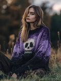 Halloween Skull Pattern Purple Gradient Cozy Knit Sweater elevenforest