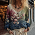 Classy Vintage Gradient Japanese Sakura Cherry Blossoms Embroidered Cotton And Linen Long Sleeve Shirt elevenforest