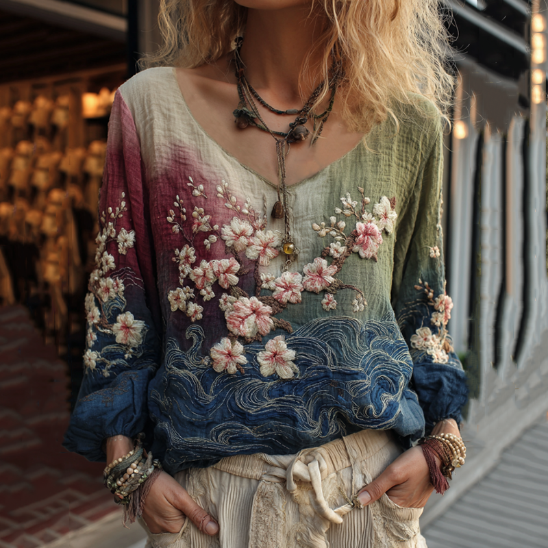 Classy Vintage Gradient Japanese Sakura Cherry Blossoms Embroidered Cotton And Linen Long Sleeve Shirt elevenforest