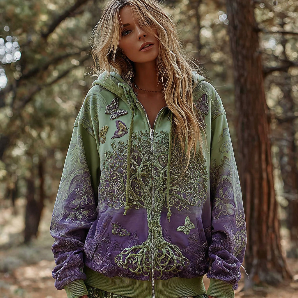 Women's Viking Celtic Knot Tree Of Life Comfort Warm Zip Hoodie elevenforest