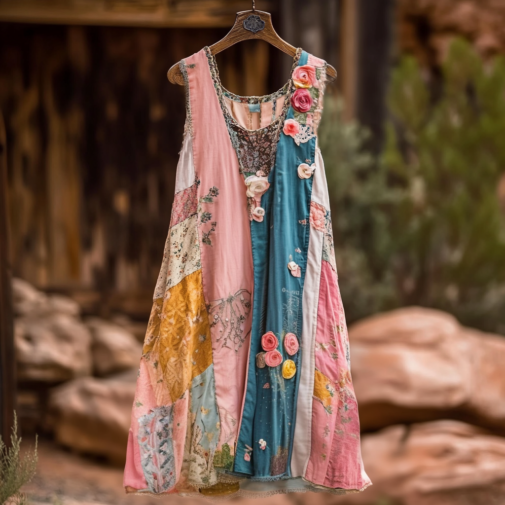 Women's Vintage Floral Applique Art Sleeveless Dress elevenforest